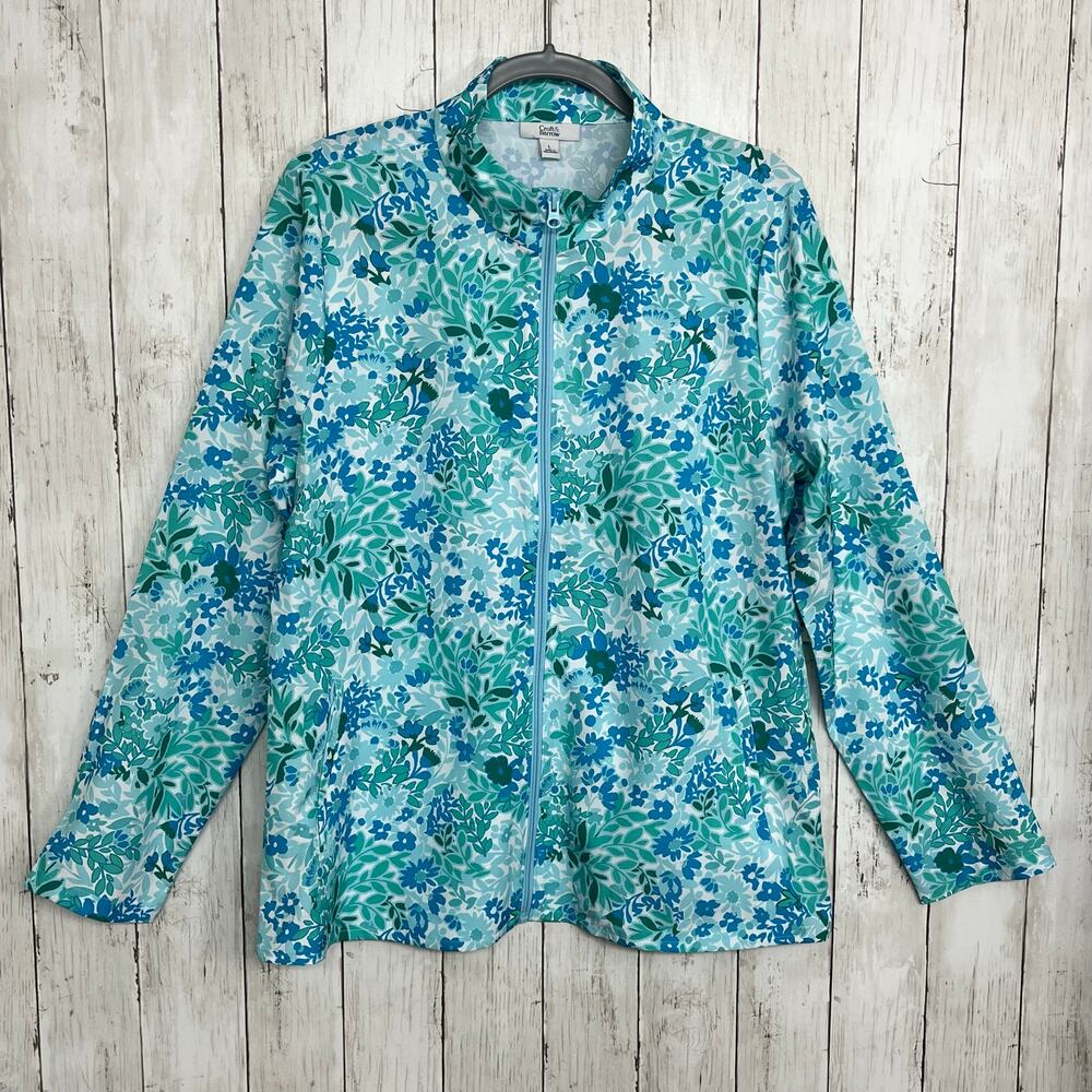 Croft & Barrow Blue Green Floral Lightweight Wicking Long Sleeve Zip Up Jacket
